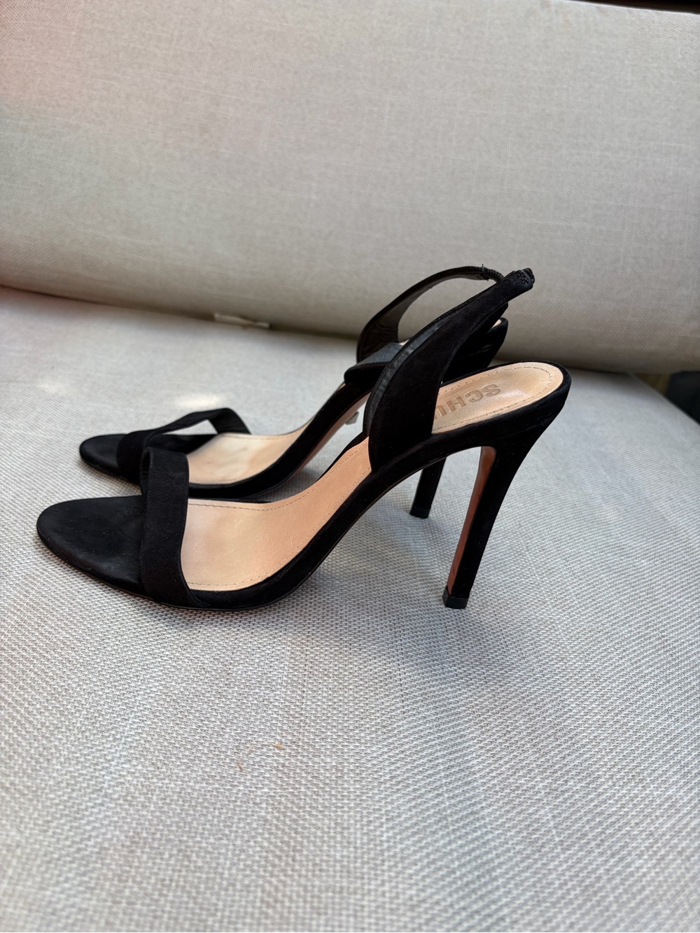 SCHUTZ Black Suede Open-Toe Slingback Heels